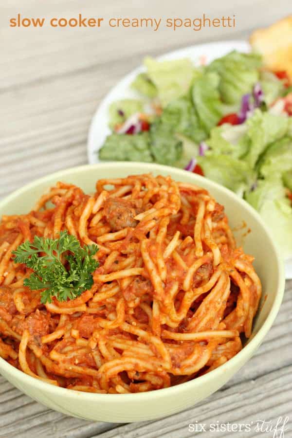 Slow Cooker Creamy Spaghetti on SixSistersStuff