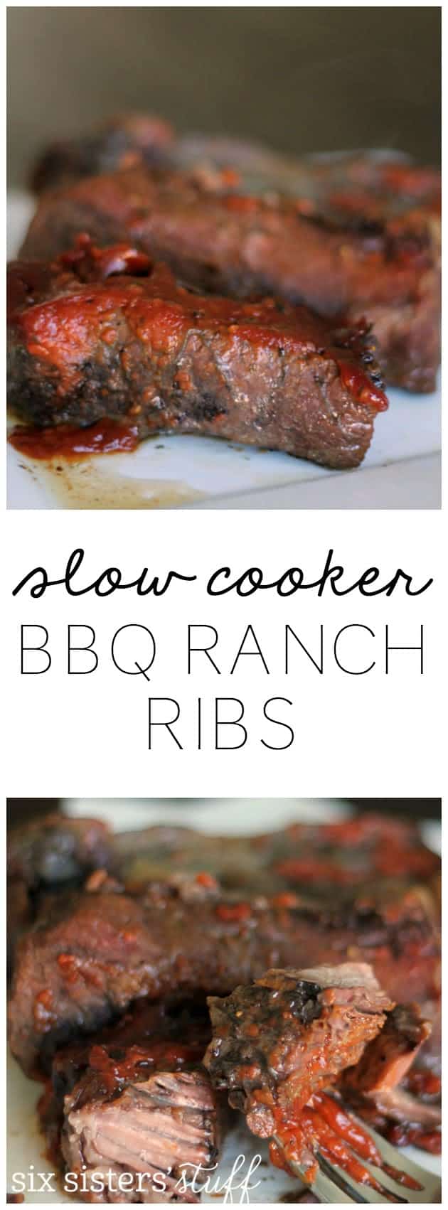 Slow Cooker BBQ Ranch Ribs from SixSistersStuff.com. These fall off the bone every time!