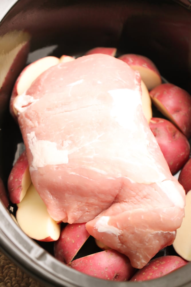 Roast laying on potatoes in slow cooker before cooking for six sisters stuff.