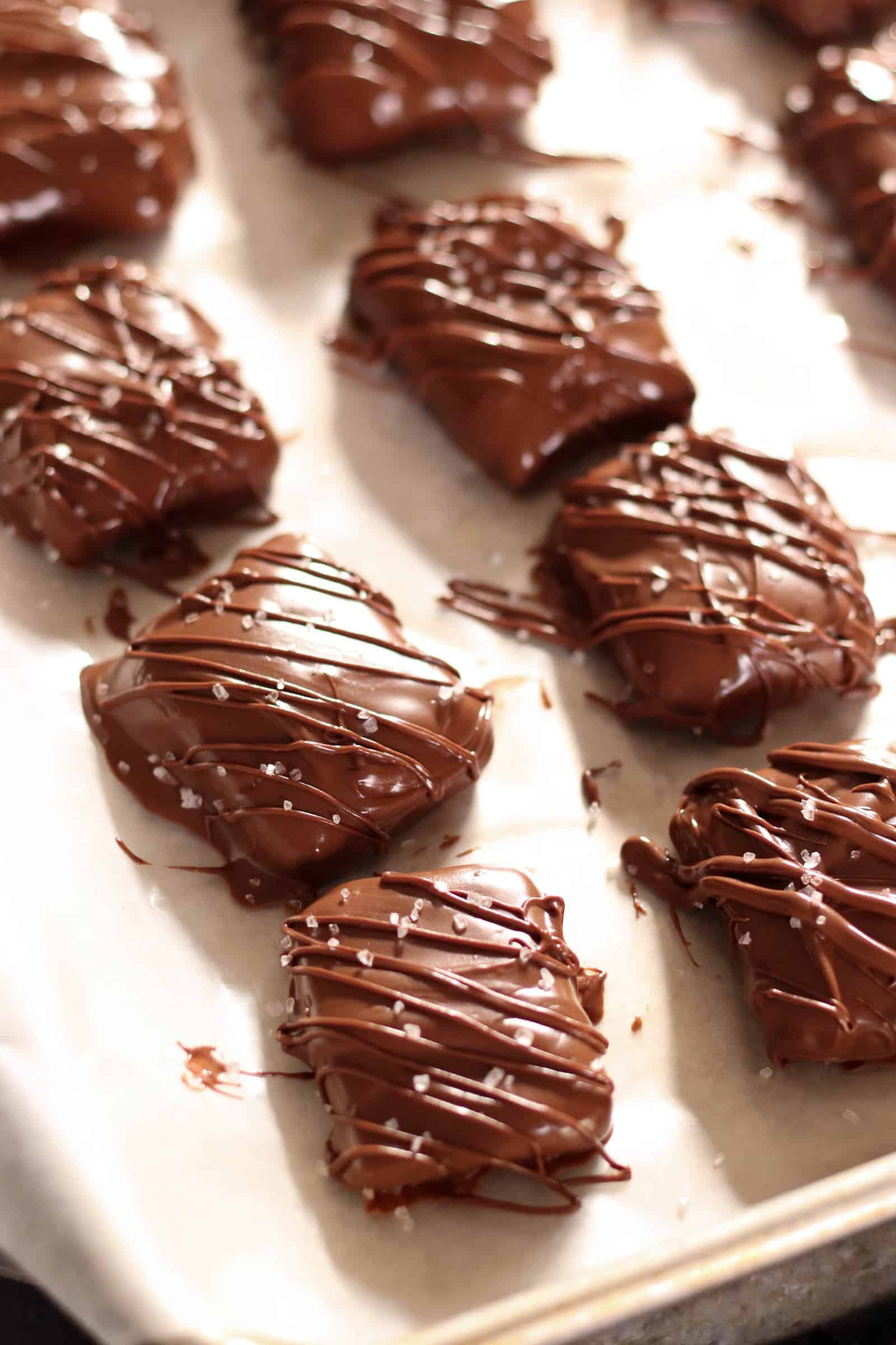 Homemade Chocolate Caramels with Sea Salt in rows on a baking sheet covered with wax paper.
