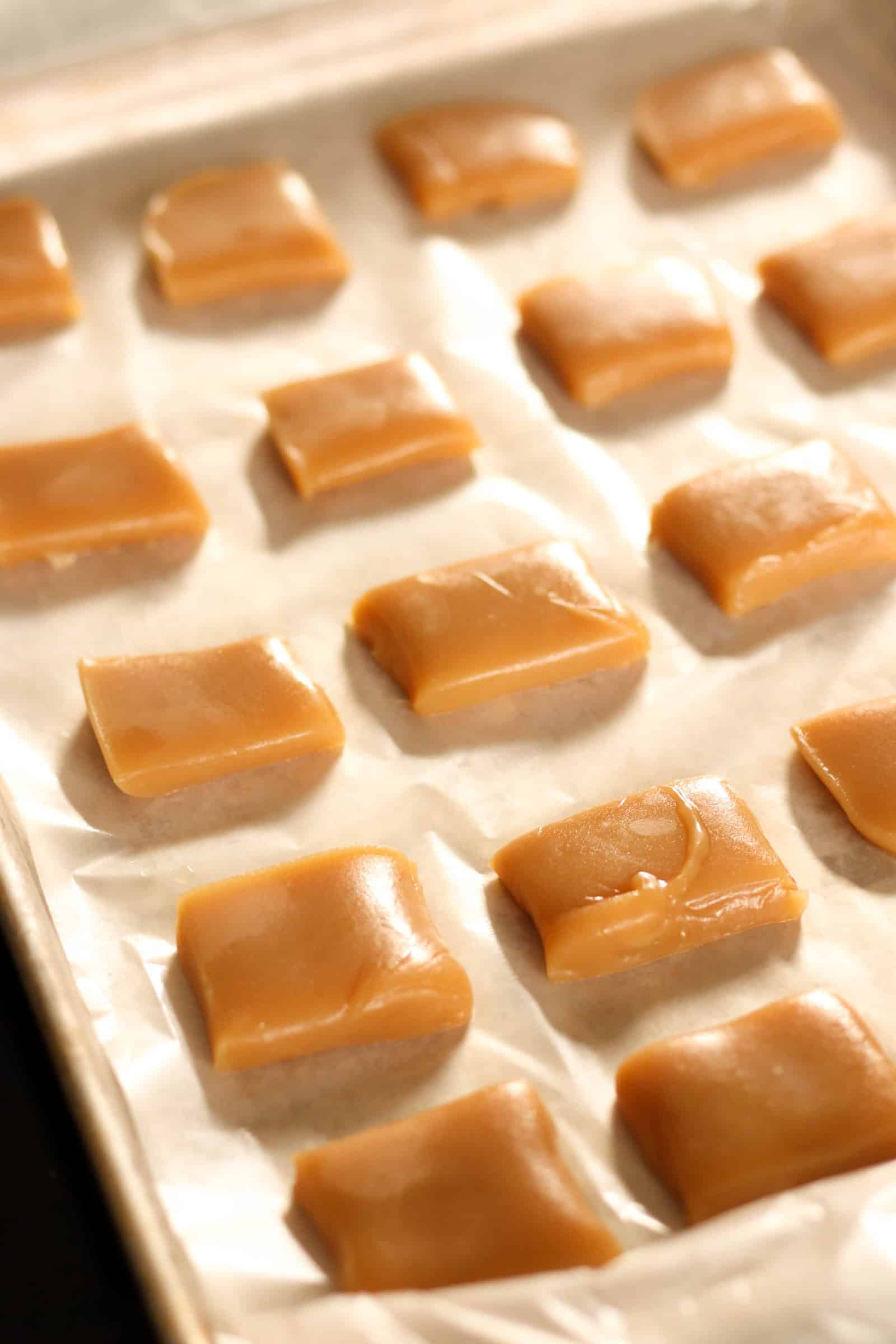 Baking sheet lined with wax paper with squares of caramel in rows.