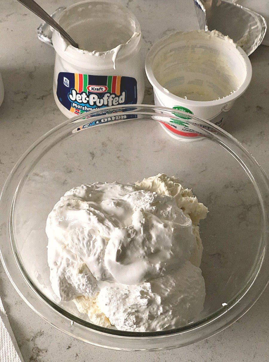 Marshmallow Creme and Whipped cream cheese in a mixing bowl
