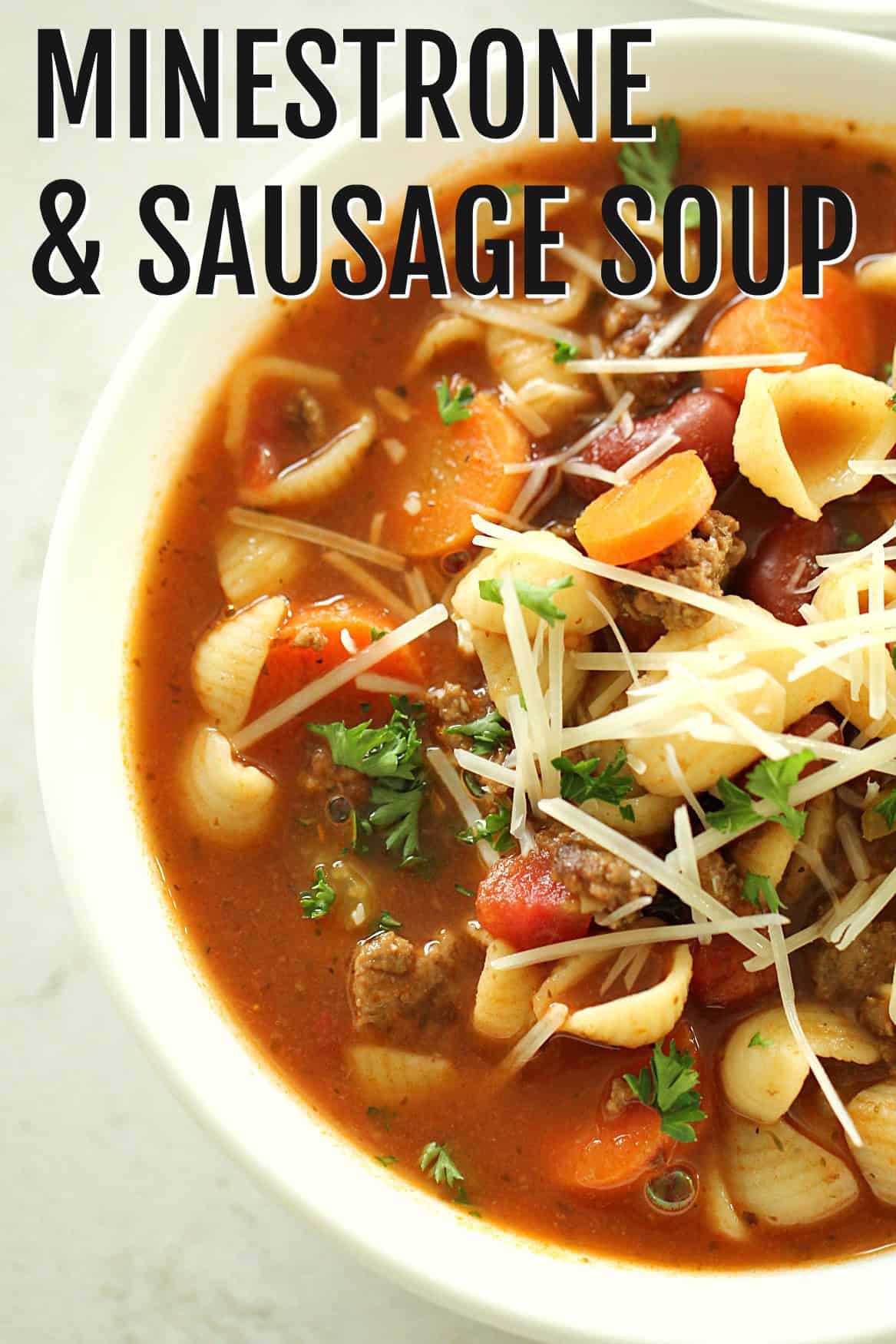 A close up of a bowl of Minestrone Soup with Italian Sausage