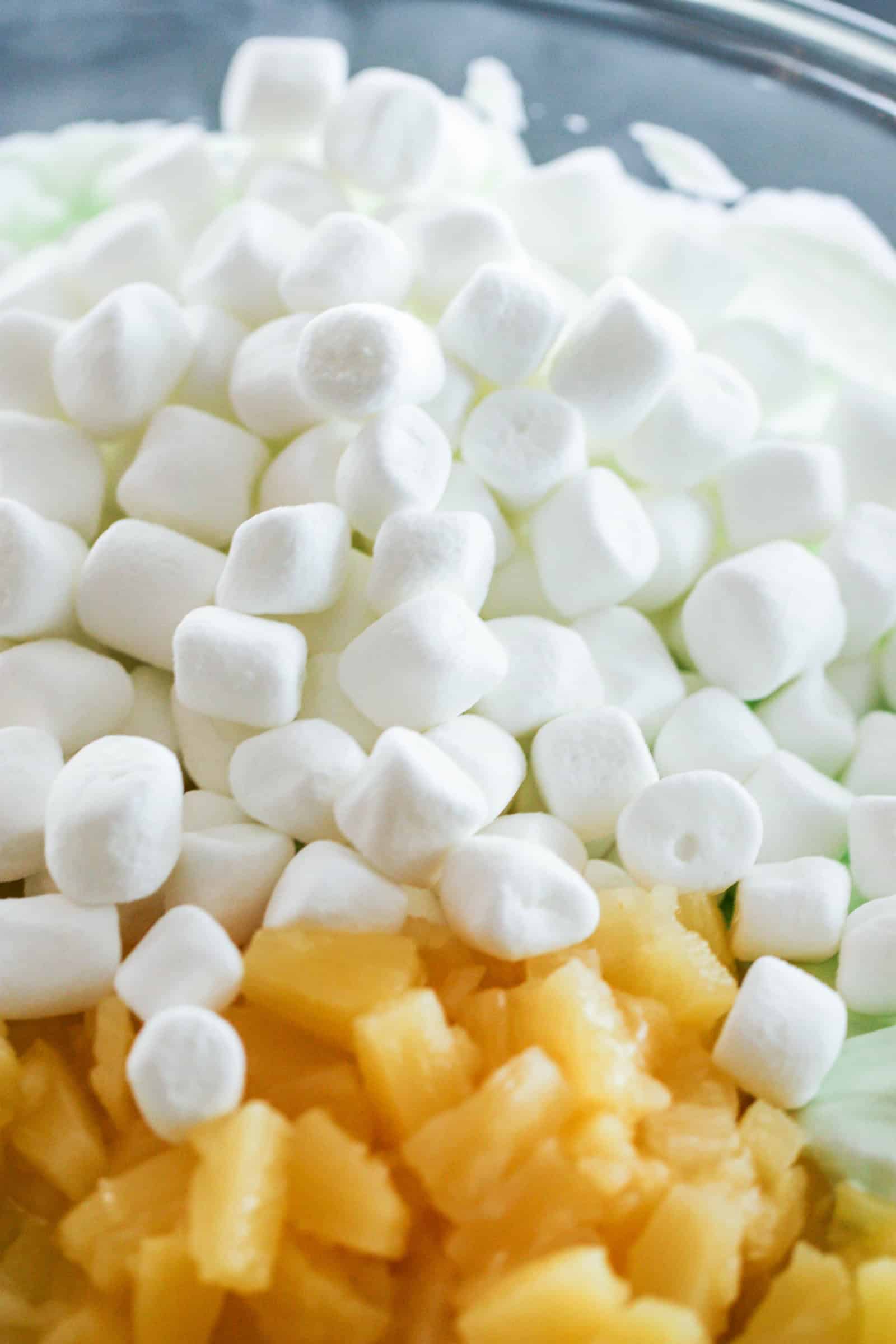 Marshmallows on top of Pistachio Jello Salad