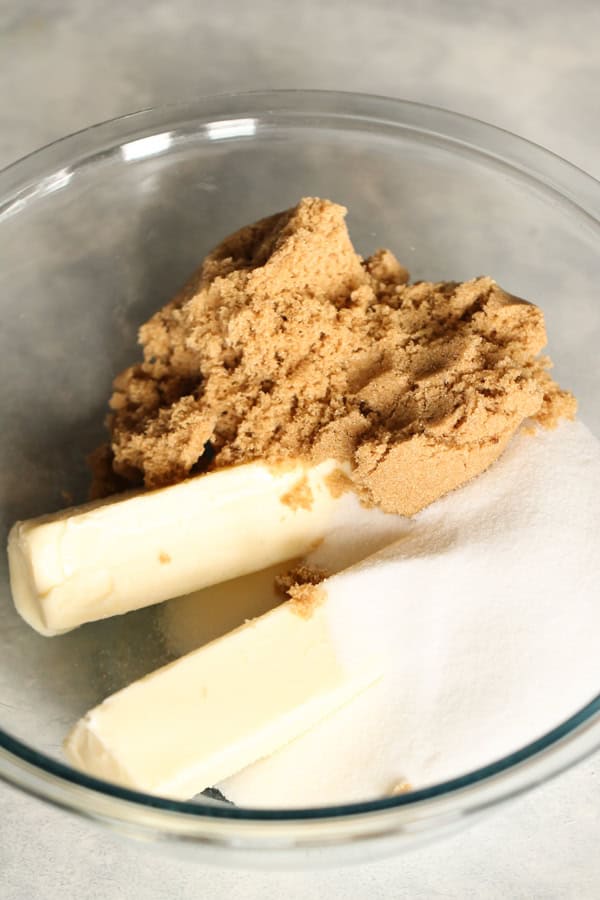 Butter and Sugars in glass mixing bowl