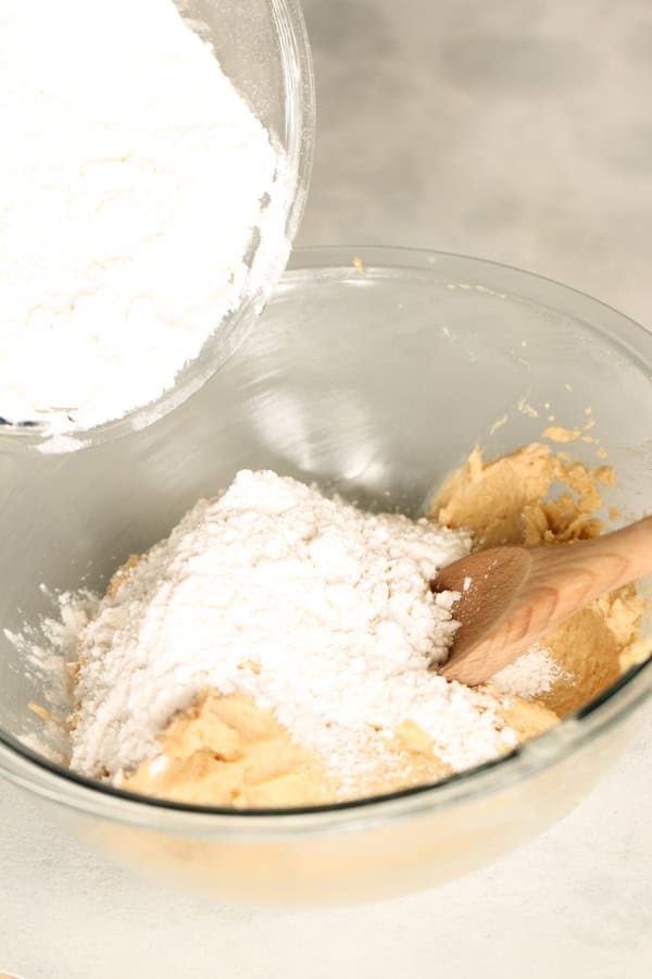 Ingredients for the Chocolate Chip Cookie Bar Layer in a glass bowl