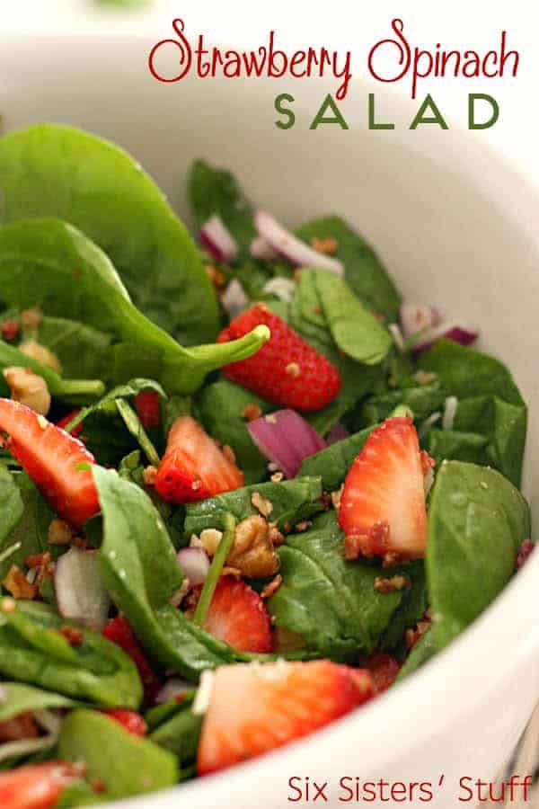 Strawberry Spinach Salad with Homemade Dressing in a white bowl