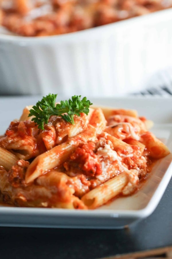A serving of Baked Ziti on a plate