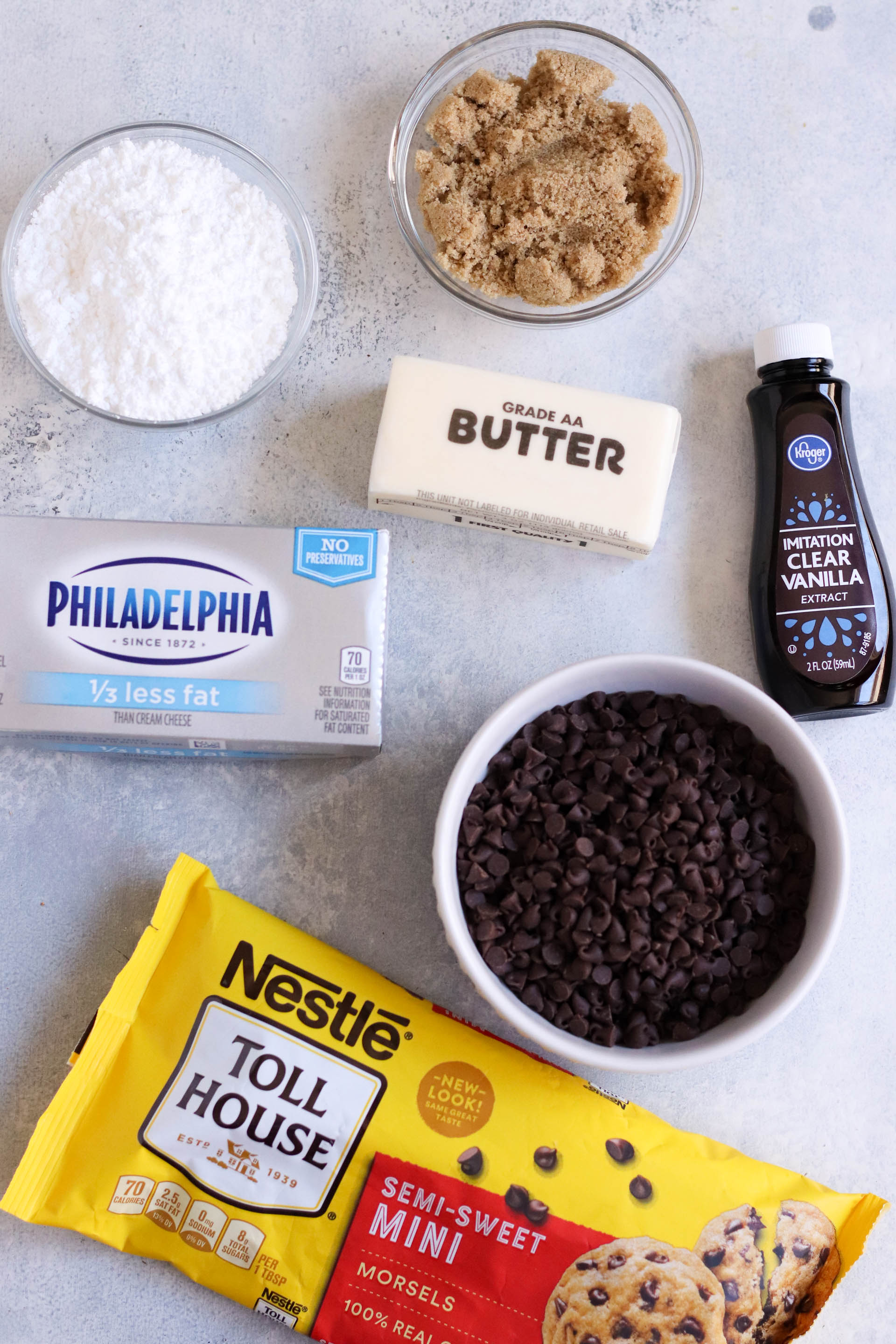 Ingredients needed to make Chocolate Chip Cookie Dough Dip