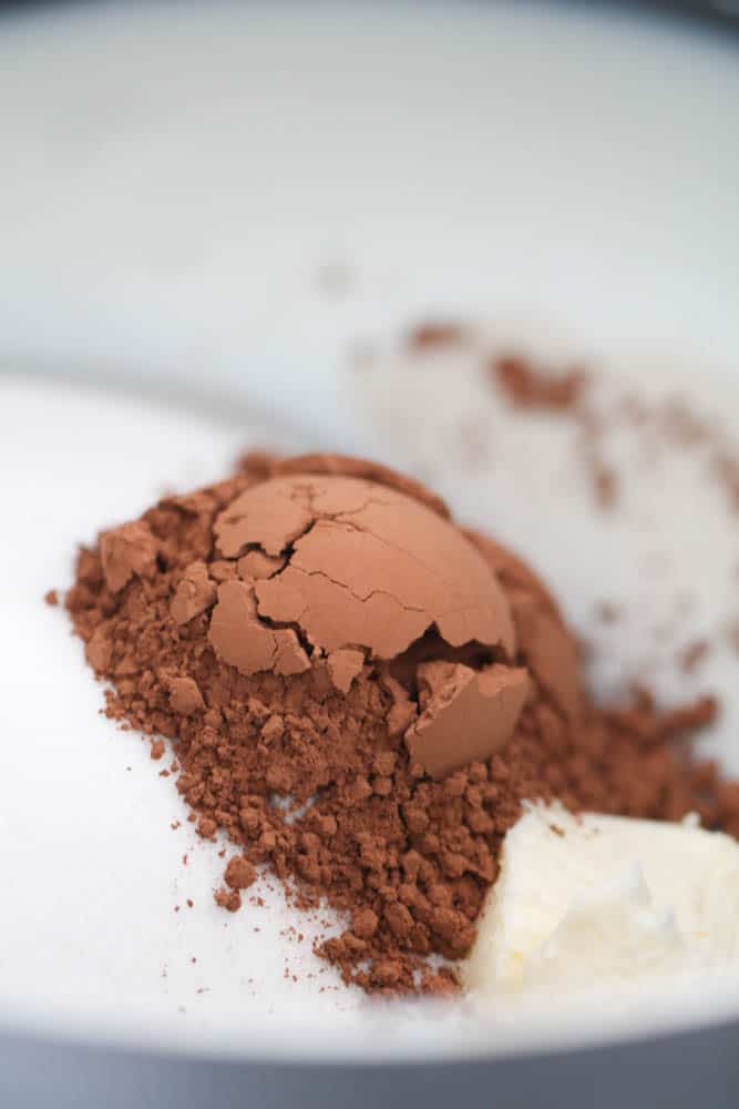 Dry ingredient for No Bake Cookies in a mixing bowl.