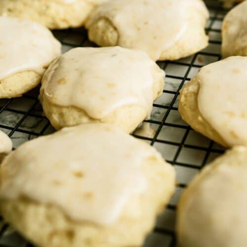 Frosted Banana Cookies on a cooling rack.