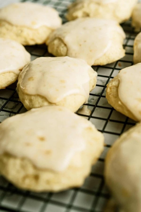 Frosted Banana Cookies on a cooling rack.