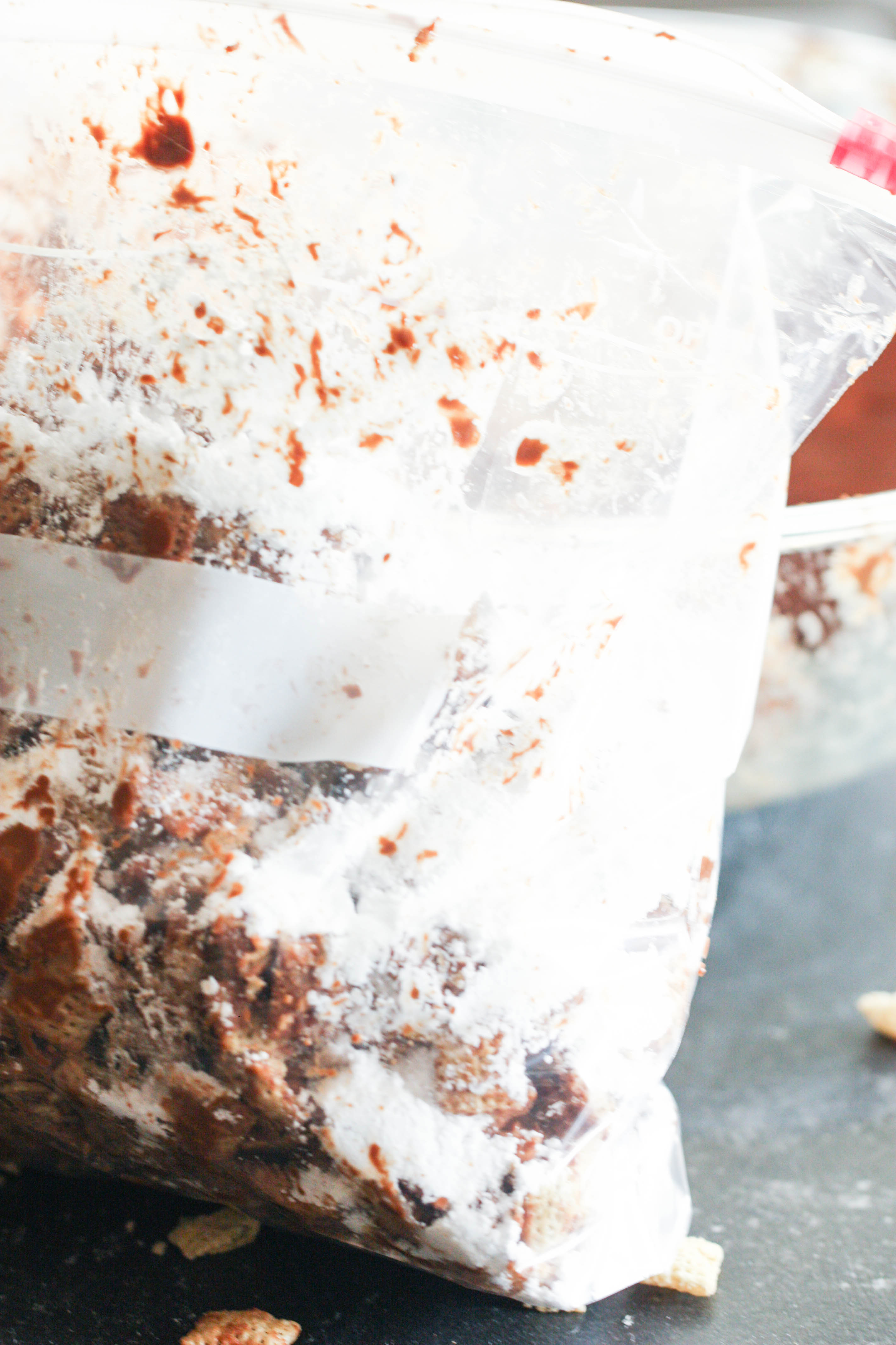 Coating Chex Mix with powdered sugar in a ziploc bag