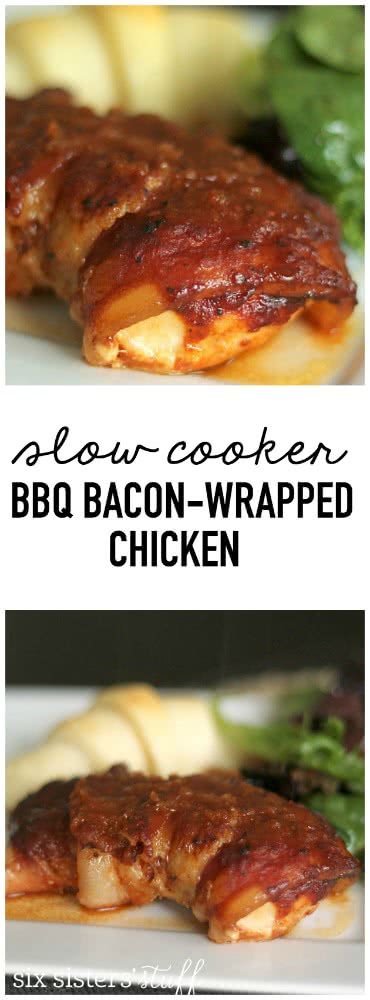 Slow Cooker Bacon-Wrapped Apple BBQ Chicken | Six Sisters' Stuff