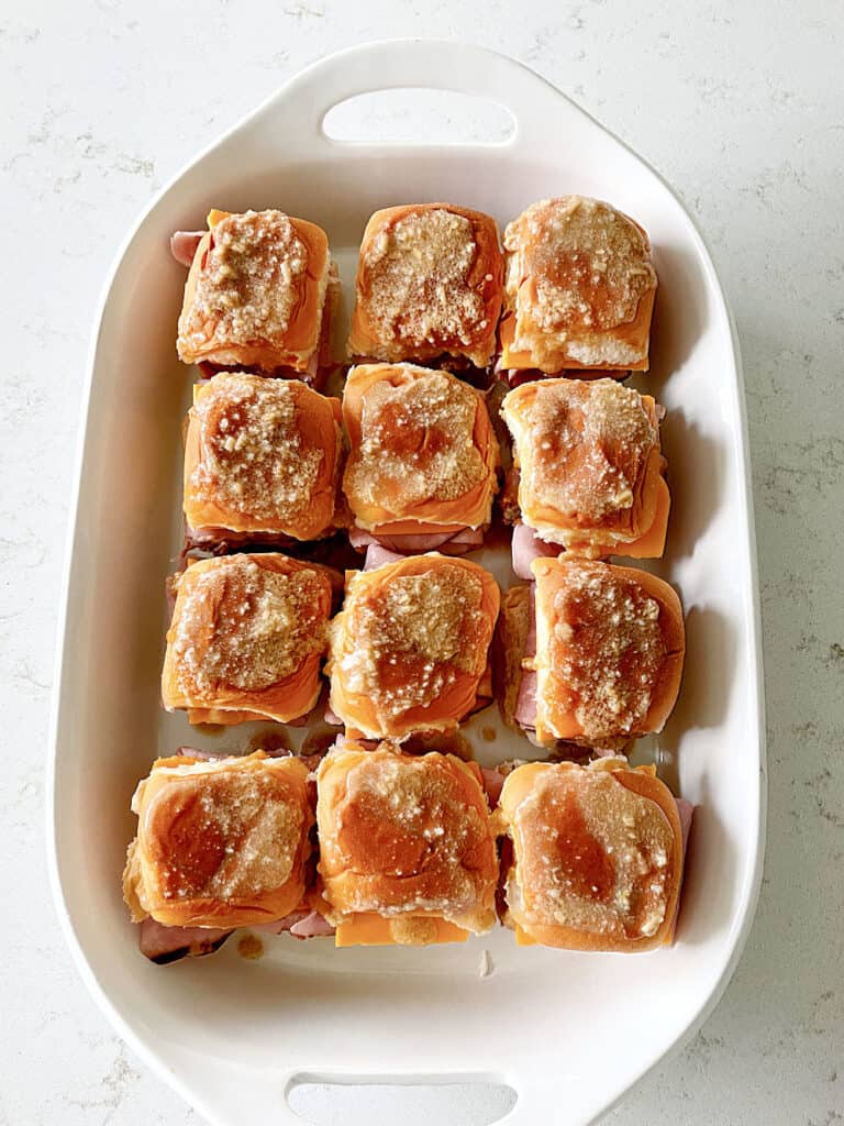 Ham and Cheese Sliders in a baking dish.