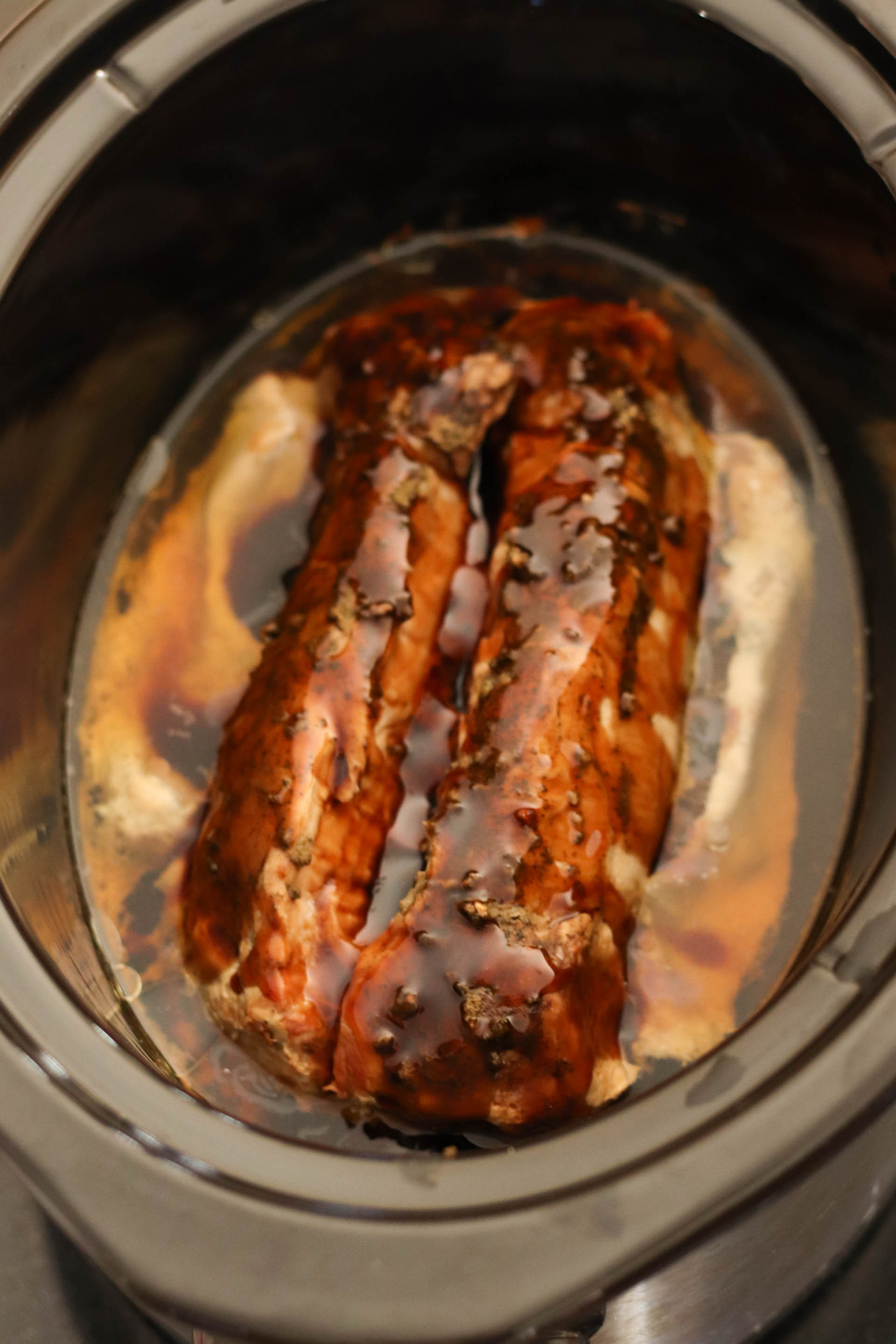 Slow Cooker Brown Sugar and Balsamic Glazed Pork Loin in the slow cooker