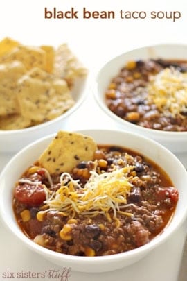 Black Bean Taco Soup in bowl on Six Sisters Stuff