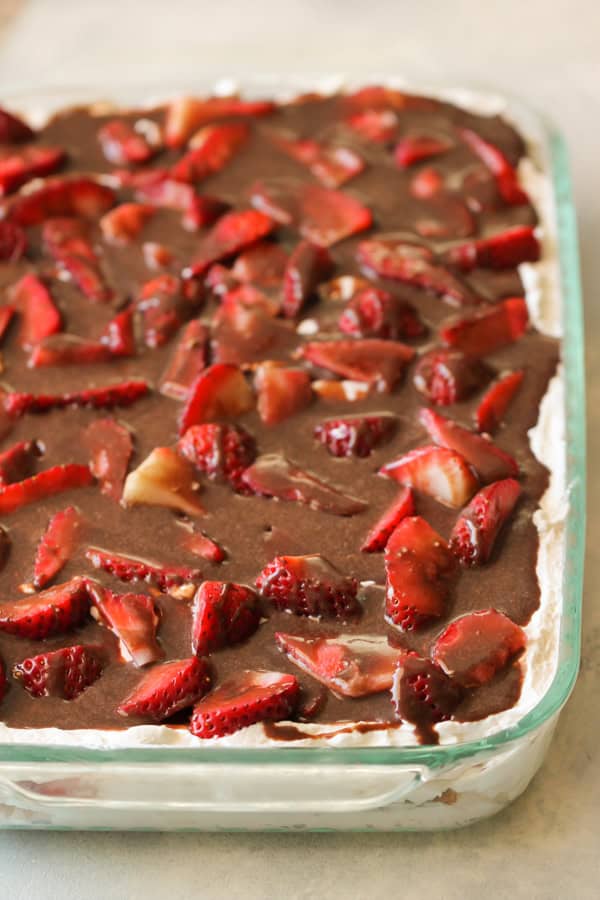 Strawberry Ice Box Cake in a baking dish.