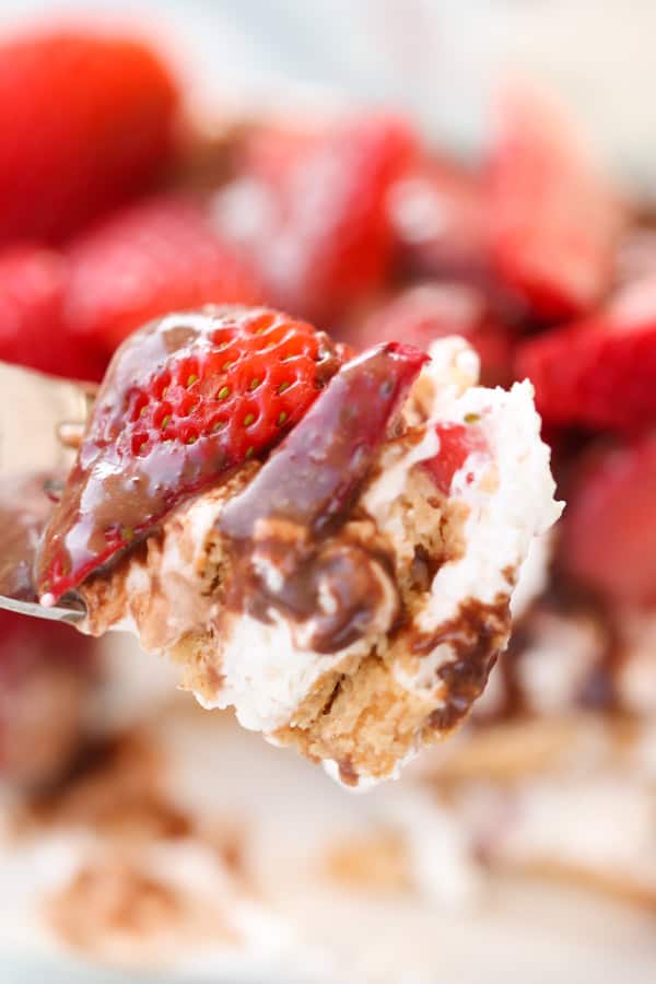 Fork full of No Bake Strawberry Ice Box Cake