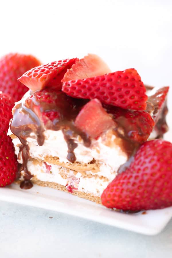 No Bake Strawberry Ice Box Cake slice on a plate