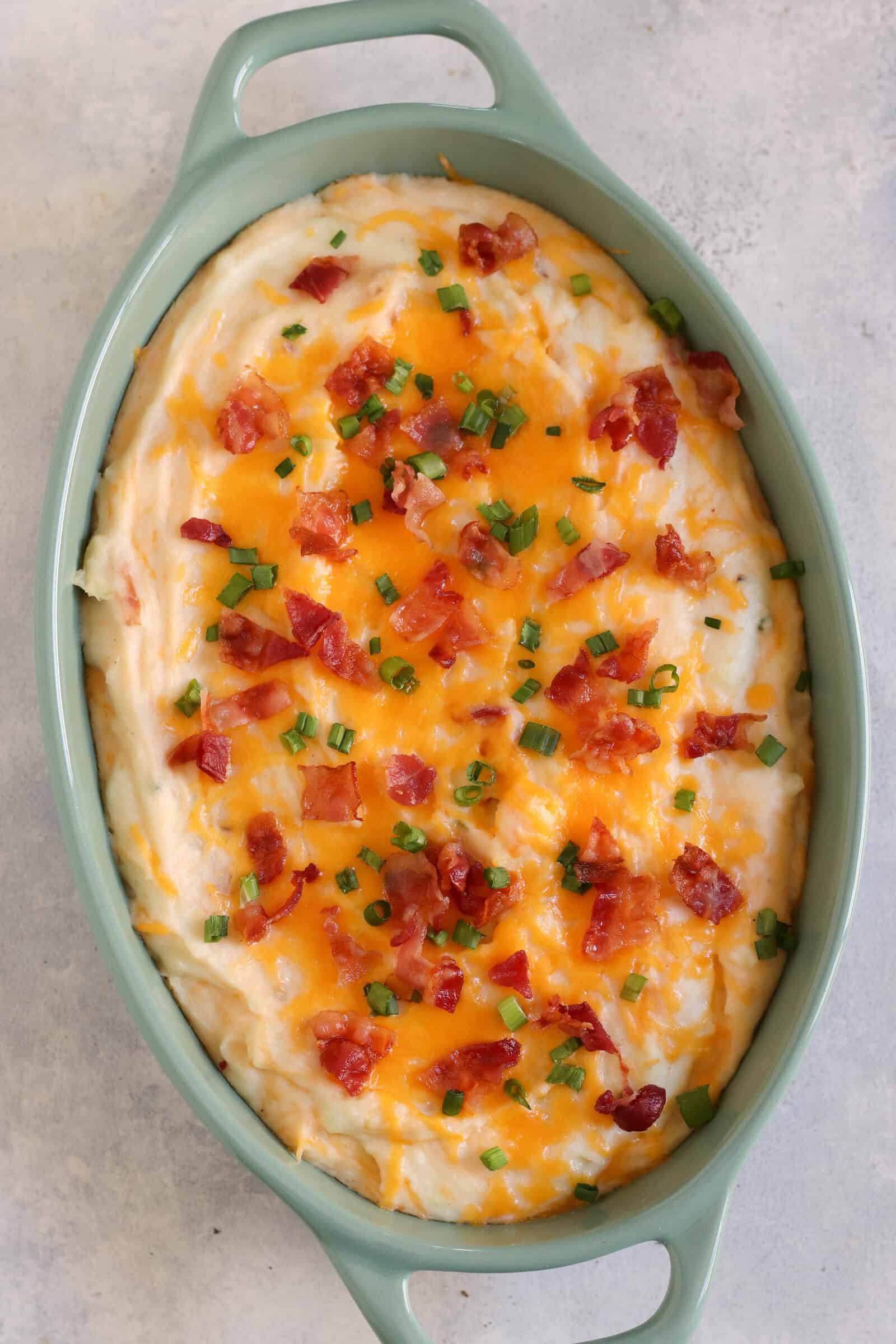 Overhead photo of Twice Baked Potato Casserole when removed from the oven.