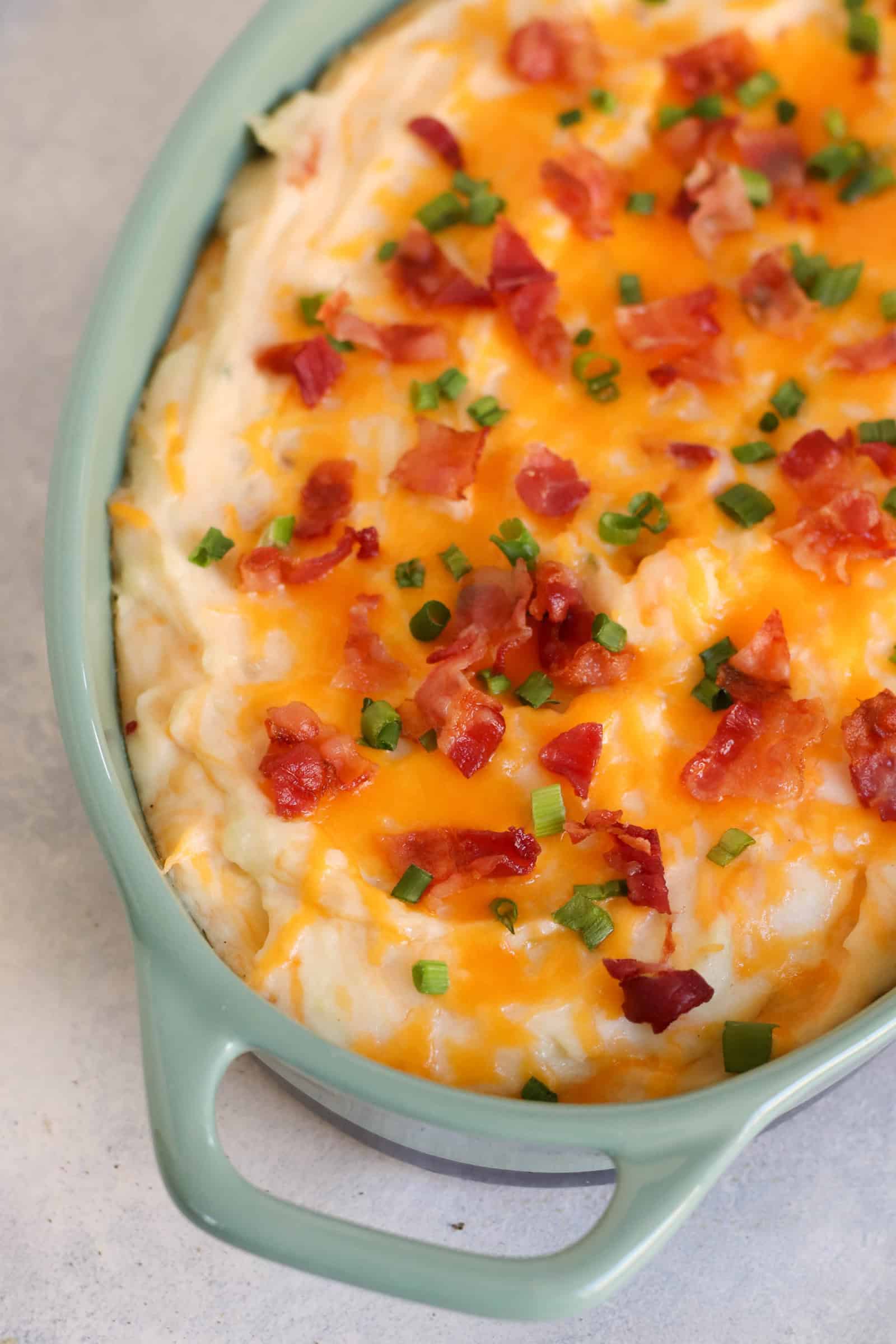 Twice Baked Potato Casserole freshly out of the oven ready to serve