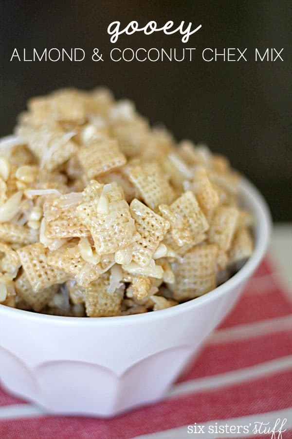 Gooey Almond and Coconut Chex Mix from SixSistersStuff.com