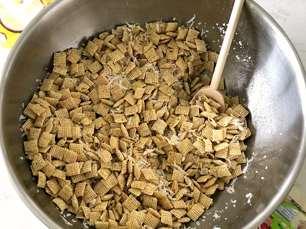 Dry ingredients for Chex mix in a big bowl