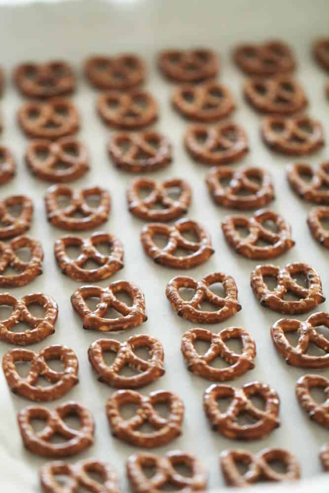 pretzels laid out on the baking sheet