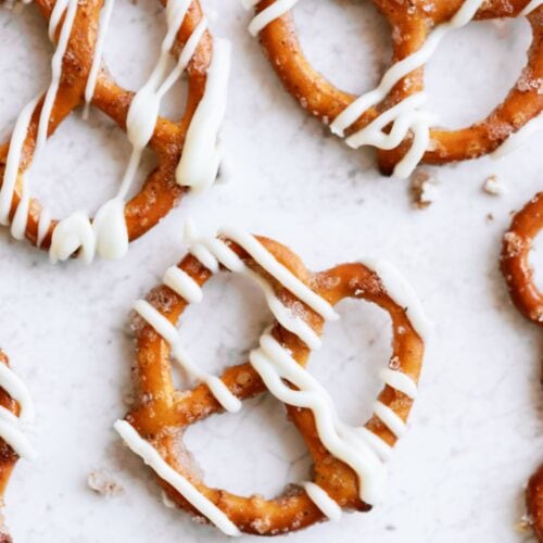 White Chocolate Cinnamon Sugar Pretzels on a white background.