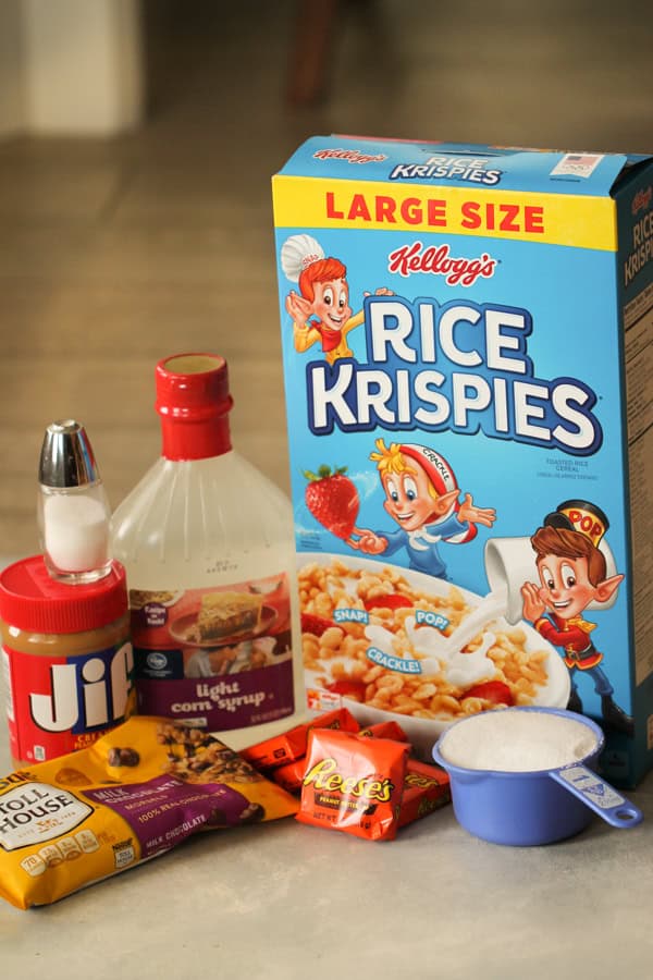Ingredients needed to make Reese’s Peanut Butter Cup Rice Krispies Treats
