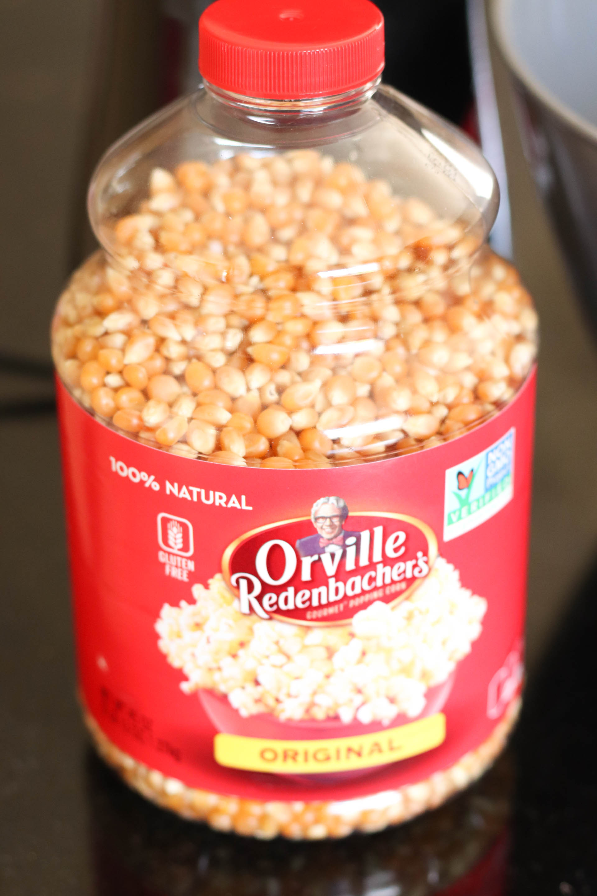 A bottle of popcorn kernels