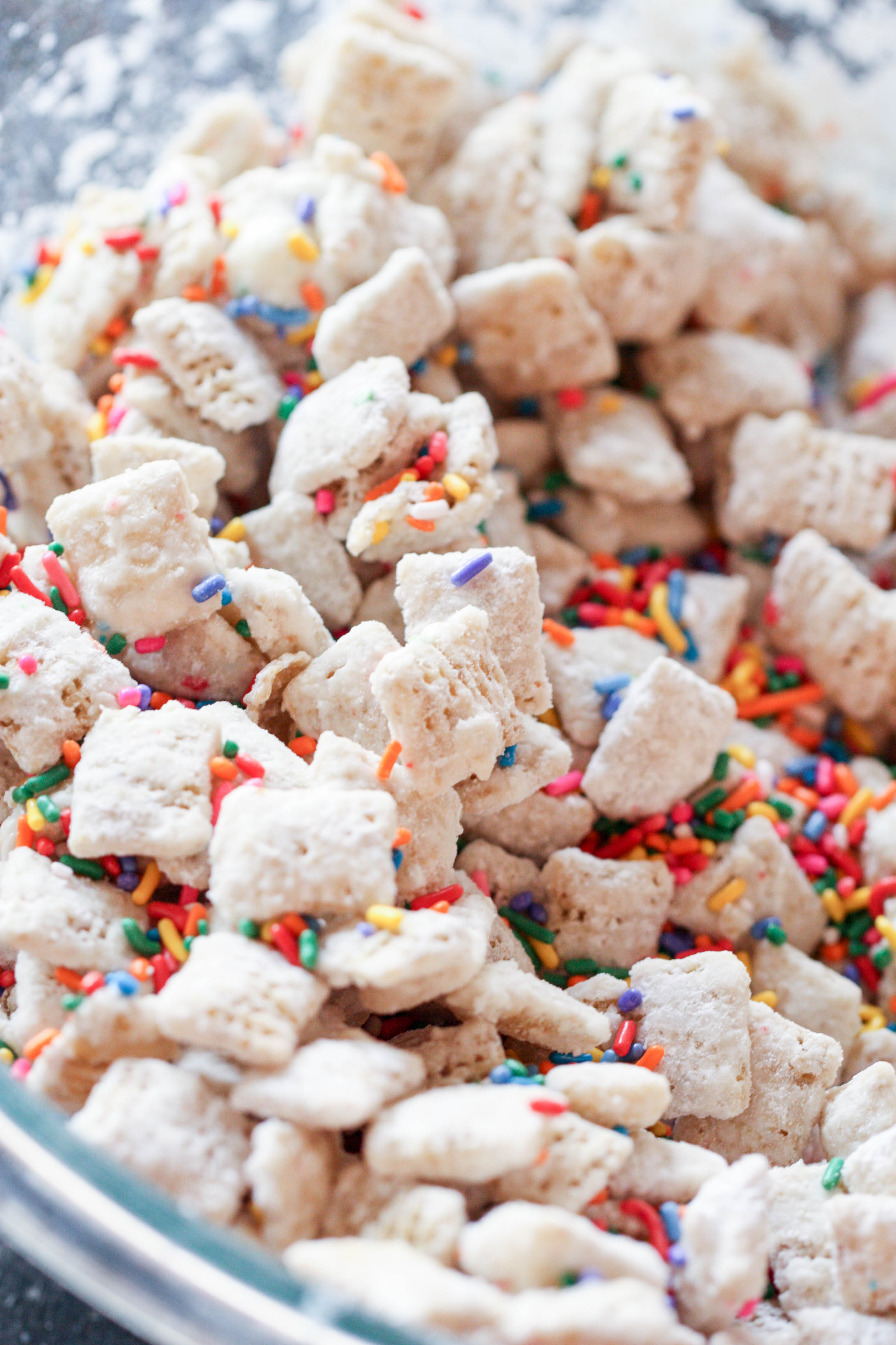Cake Batter Chex Mix buddies with sprinkles