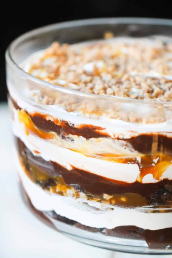 Chocolate Caramel Brownie Trifle layered in a trifle dish.