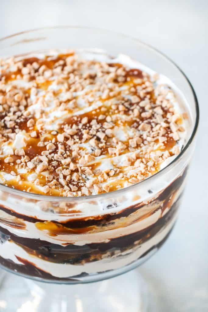 Chocolate Caramel Brownie Trifle layered in a trifle dish.