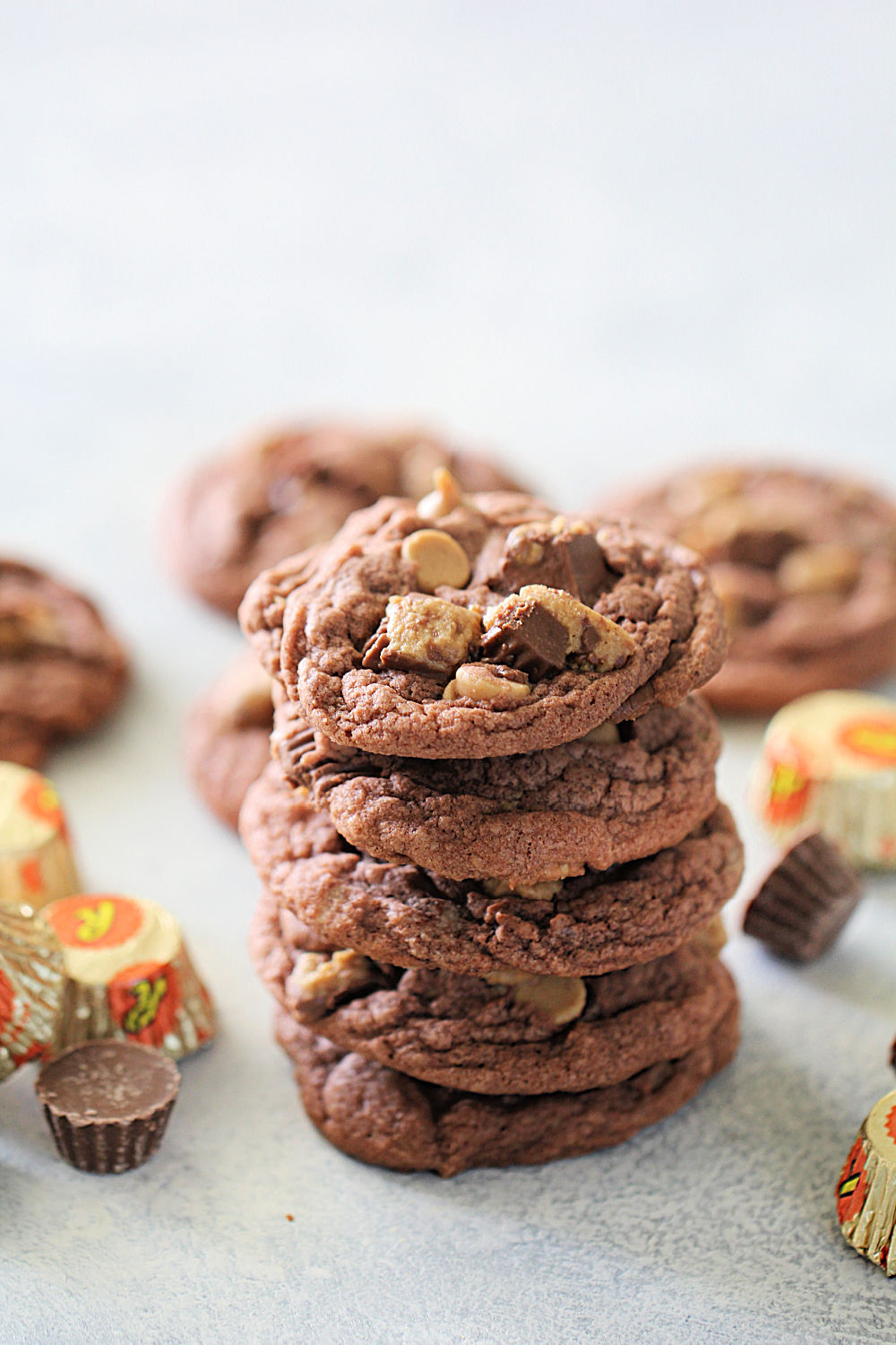 Peanut Butter Cup Pudding Cookies stacked up