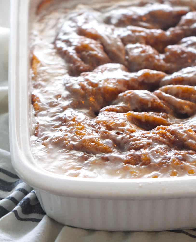 Cinnabon Cinnamon Roll Cake in a cake pan