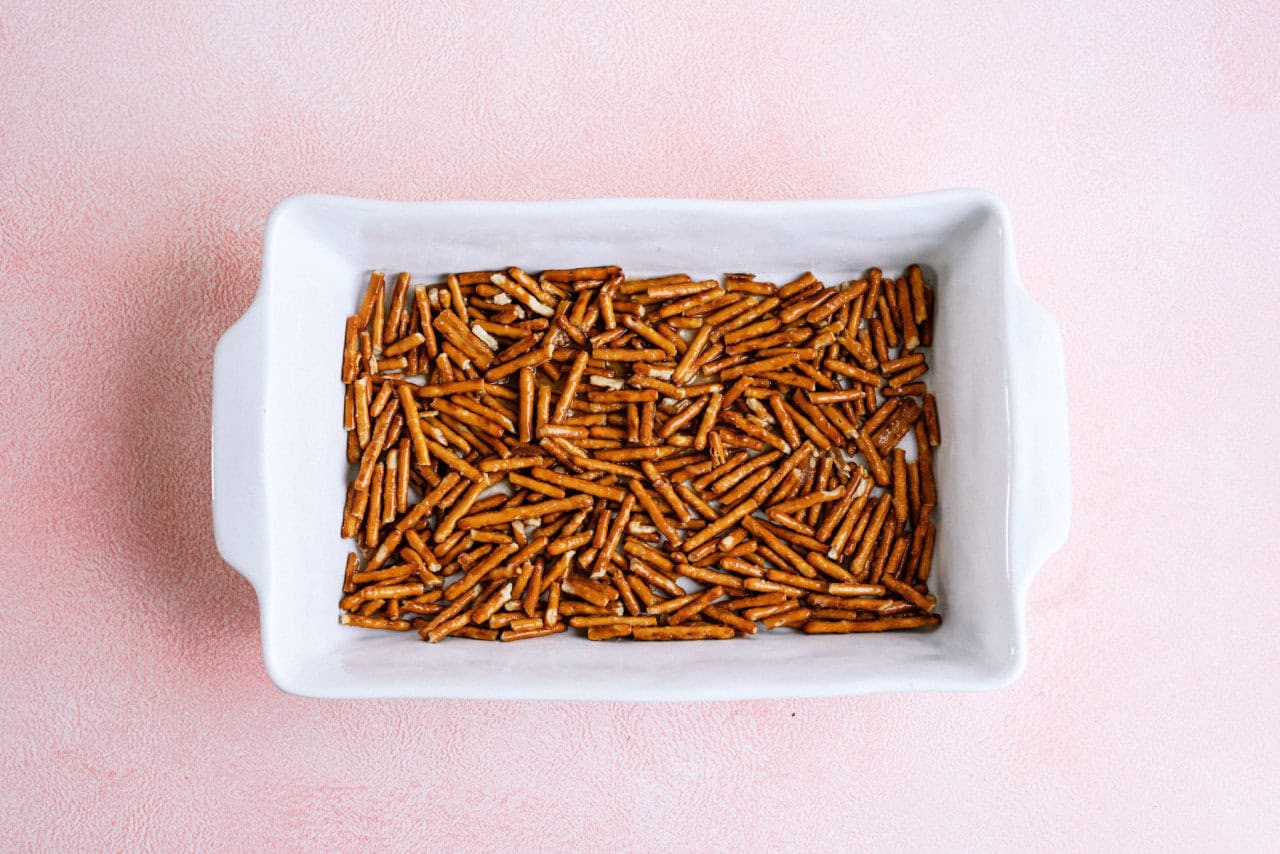 pretzels in the bottom of a 9x13 pan