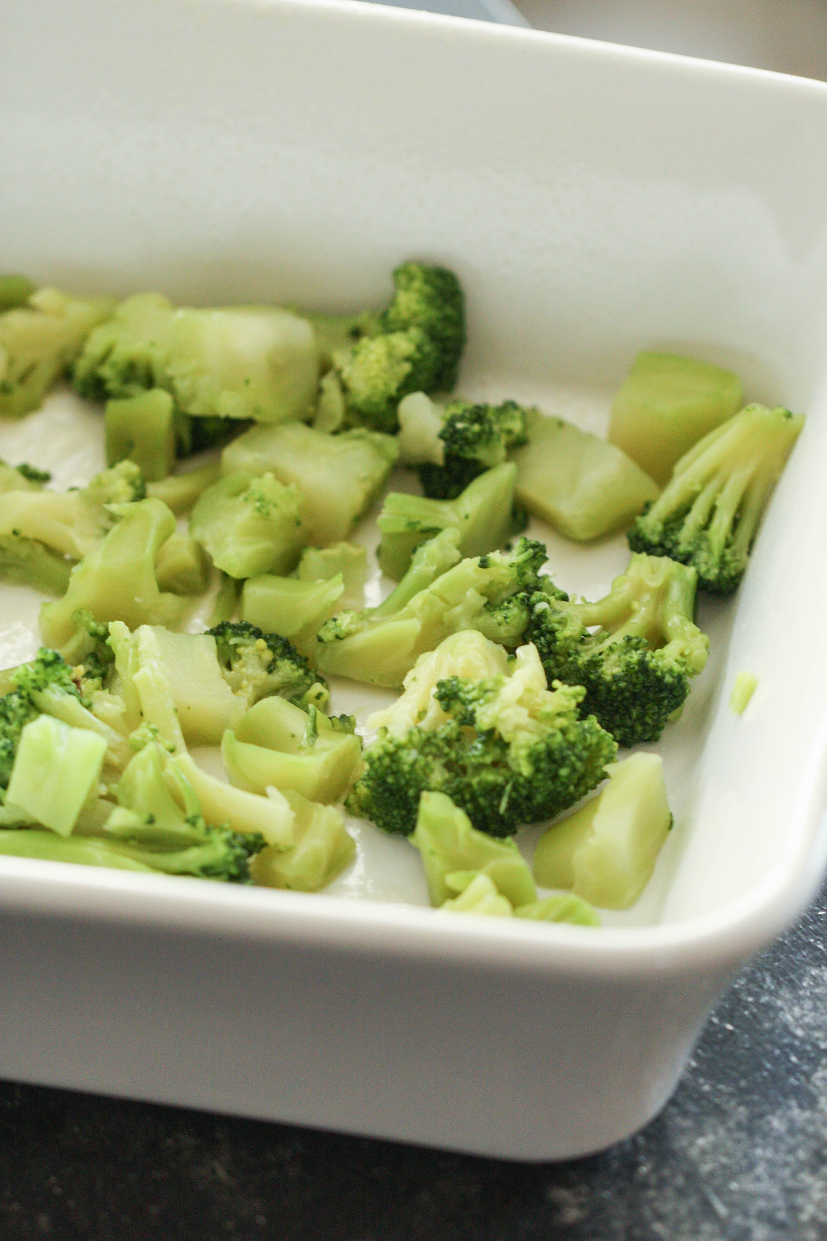 Steamed broccoli in baling dish