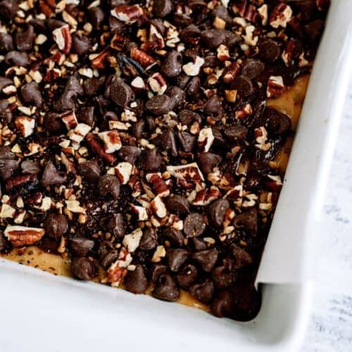 Chocolate Caramel Brownies in a baking dish.