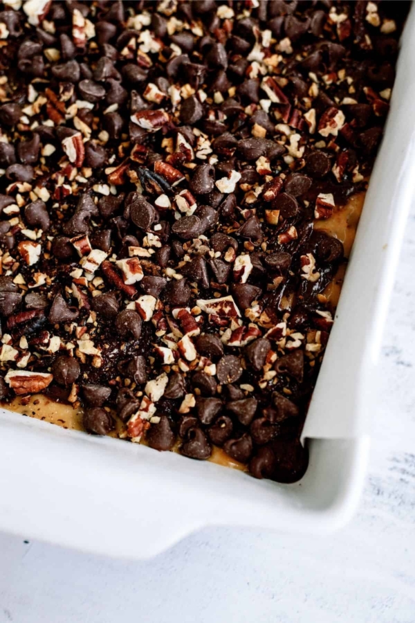 Chocolate Caramel Brownies in a baking dish.