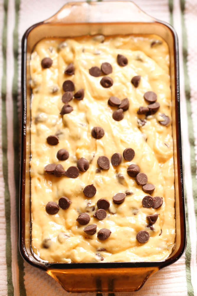 easy chocolate chip banana bread dough before it goes in the oven