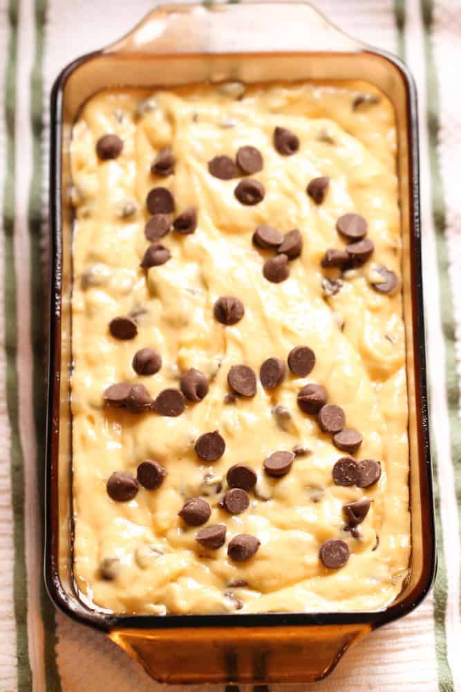 easy chocolate chip banana bread unbaked in a pan before it goes in the oven