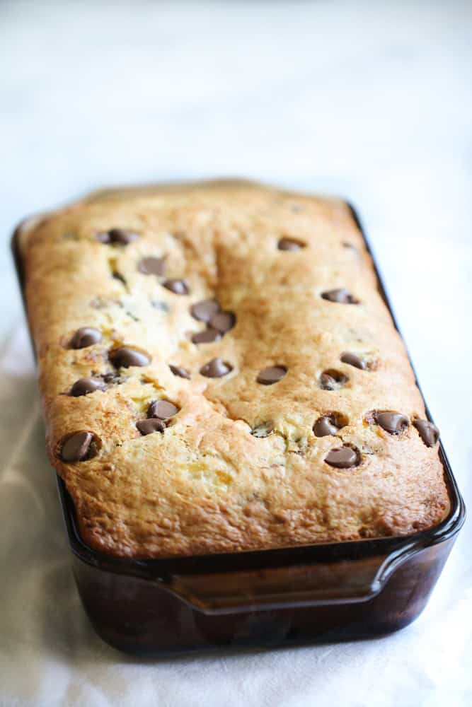 freshly baked banana bread recipe in the pan