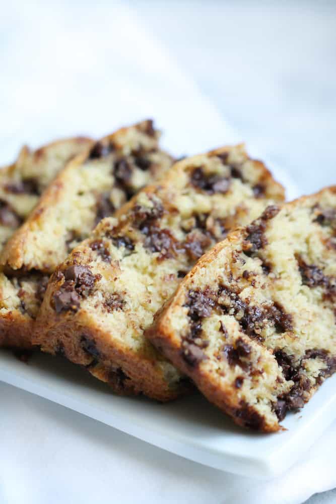 simple banana bread sliced with chocolate chips