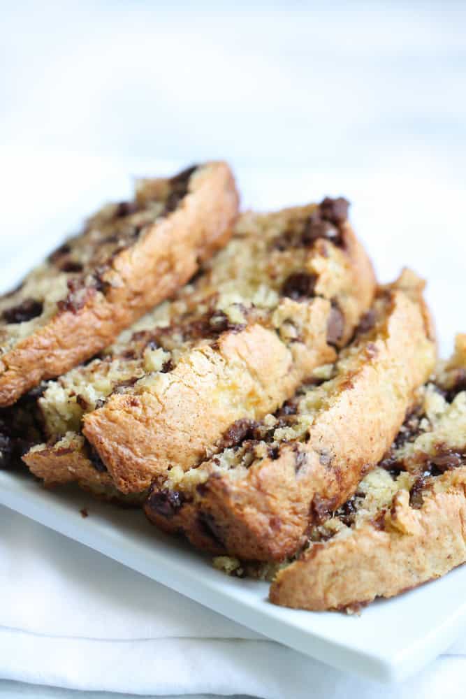 easy banana bread, sliced on a platter