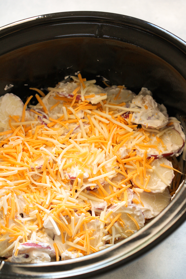 Slow Cooker Scalloped Potatoes in the slow cooker unbaked