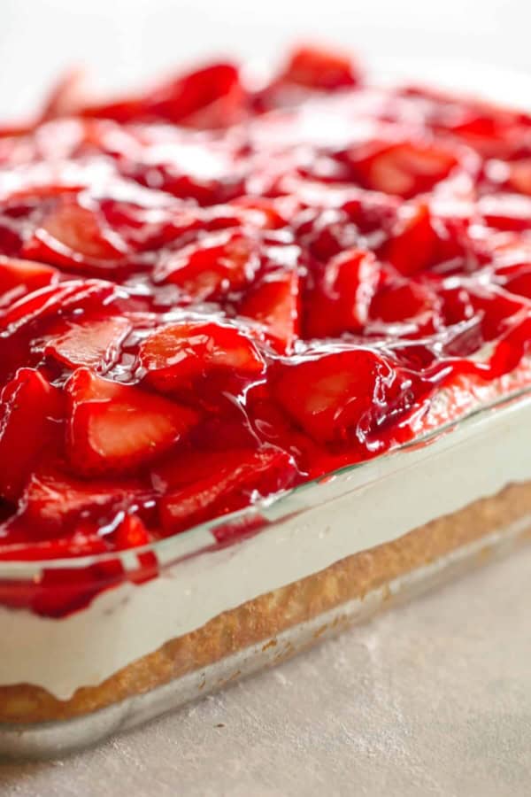 Strawberries and Cream Cake Recipe in a baking dish.