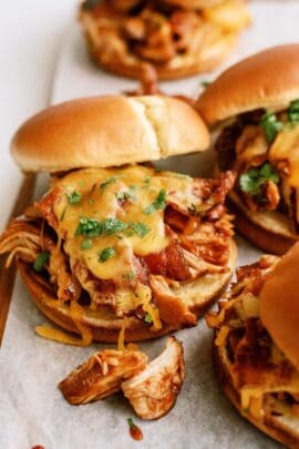 slow cooker cheesy bbq chicken bacon sandwiches