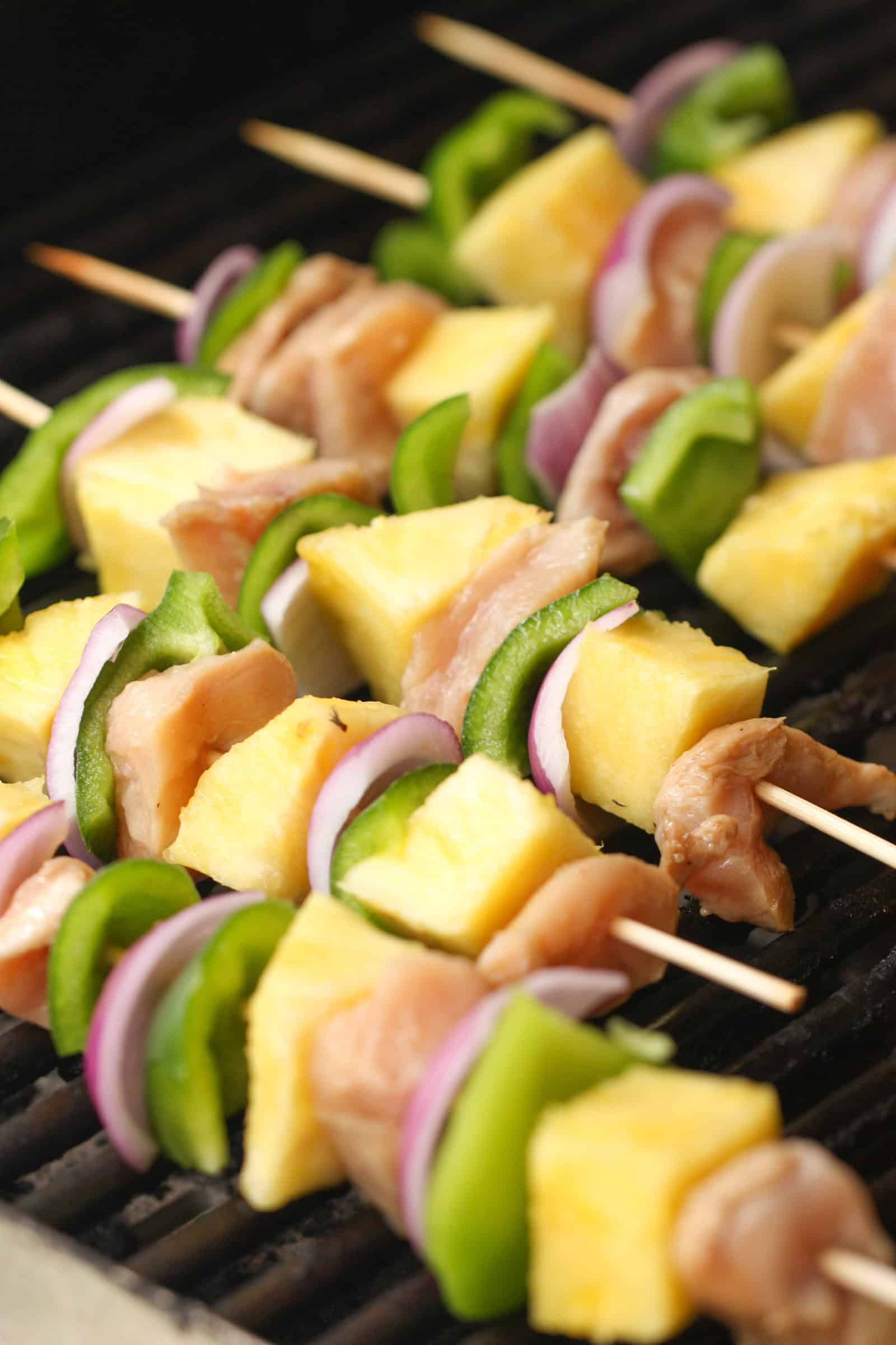 Grilled Island Chicken Kabobs on the grill
